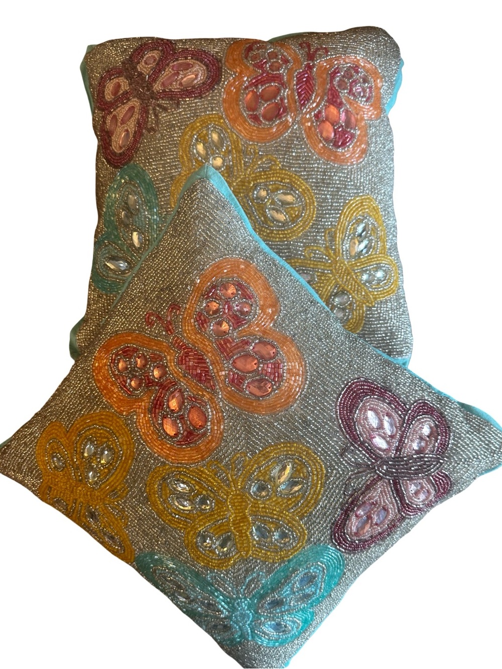 Pier One Teal Butterfly Embroidered Accent Pillow Pair